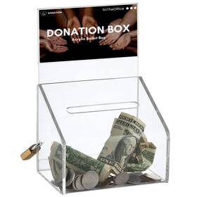 1o5646364 1intheoffice Acrylic Donation Box With Lock Clear Tip Jar 5 Inch Wide