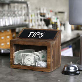 Ofc1333dkbrn Burnt Wood Donation And Ballot Box Tip Lockbox With Slot Panel Chalkboard Sign