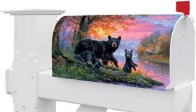 5260 Custom Decor Fall Black Bear Cub River Flowers Magnetic Mailbox Cover Only