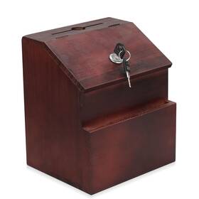 Flexzion 810043282833 Wooden Lockable Suggestion Box With Key Lock Lid Red Mahogany Wall Mounted Or