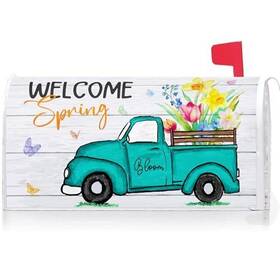 Yq80427 Ke Rui Welcome Spring Blue Truck Flower Bloom Decoration Mailbox Cover With Magnetic