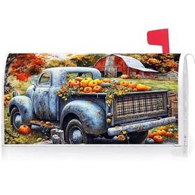 Yq80481 Ke Rui Fall Blue Truck With Pumpkins Mailbox Cover Magnetic Strip Autumn