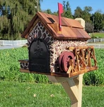 Old Mill Mailbox, Amish Made Wooden With Red Stones Cover, Cedar Shake Ro. Fixed Price $321.09.