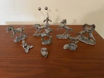 9 Vtg Pewter Figures: Clown With Balloons, Horses, Deer, Pegasus, Unicorn, More. Fixed Price $19.49.