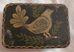 Antique Hand Painted Tin Toleware Bird Black Gold Folk Art Hinged Lid Box. Fixed Price $45.00.