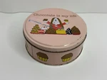 Vintage 1982 Cathy Round Pink Tin Metal Container Chocolate Is My Life. Fixed Price $11.00.