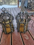 Vintage Spanish Revival Wrought Iron Hanging Lantern 1920S Gothic Amber Glass. Fixed Price $275.00.