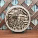Rustic Log Cabin And Wagon Wheel Laser Engraved Live Edge Paulownia Wood. Fixed Price $35.00.