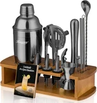 Black Stainless Steel Cocktail Shaker Set Home Bartender Kit W/ Bamboo Stand. Fixed Price $69.99.