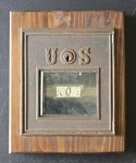 One Vintage Brass & Wood Usps Post Office Mail Box Door W/glass. Fixed Price $28.00.