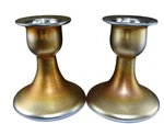 C1930 Steuben Gold Aurene Candle Holders With Sterling Silver Bobeches. Fixed Price $500.00.