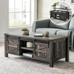 Rustic 48" Lift Top Coffee Table With Barn Door & Hidden Storage, Dark Oak. Fixed Price $399.99.