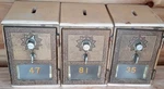 Vintage Set Of 3 Postal Box Banks W/ Brass Doors Coin Slot Wood Case. Fixed Price $80.00.