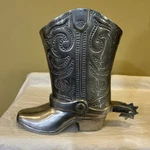 Large 9 Tall Cast Metal Western Boot Vase Planter Silver With Spur. Fixed Price $80.00.