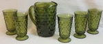 Vintage Mcm Indiana Whitehall Avocado Green Cubist Pitcher & Water Glasses. Fixed Price $65.00.