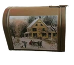 Currier & Ives Metal Tin Mail Box Red Plastic Flag New England Scene Vtg. Fixed Price $13.00.