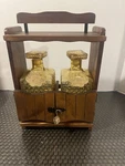 Vtg 2-BOTTLE Locking Liquor Amber Glass Decanter Set Retro Bar C1950S Rack Read. Fixed Price $35.00.