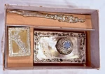 Antique 3 Piece Silver Tone Metal Letter Opener & Stamp Box Roller Desk Set. Fixed Price $84.99.