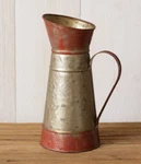 New Primitive Farmhouse Pitcher Galvanized Gray Red Country Vtg Look Metal 9.5"H. Fixed Price $15.92.