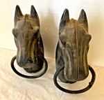 2 Antique Rustic Vintage Cast Iron Horse Head Hitching Post Topper Western Decor. Fixed Price $165.00.