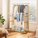 Double Hanging Rod Wooden Clothes Rack Portable Rolling Garment Organizer. Fixed Price $33.93.