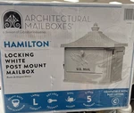 Gibraltar Post Mount Mailbox, Lockable Magnetic Double Doors, Hamilton, White. Fixed Price $79.99.