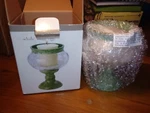 Sears Whole Home Etched Leaf Hurricane Votive Candle Holder Green Pedestal Nos. Fixed Price $14.99.